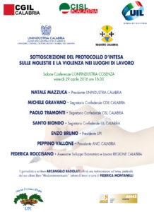 Invito-programma firma ACCORDO Unindustria, Cgil, Cisl, Uil per la Calabria, 29.4.2016